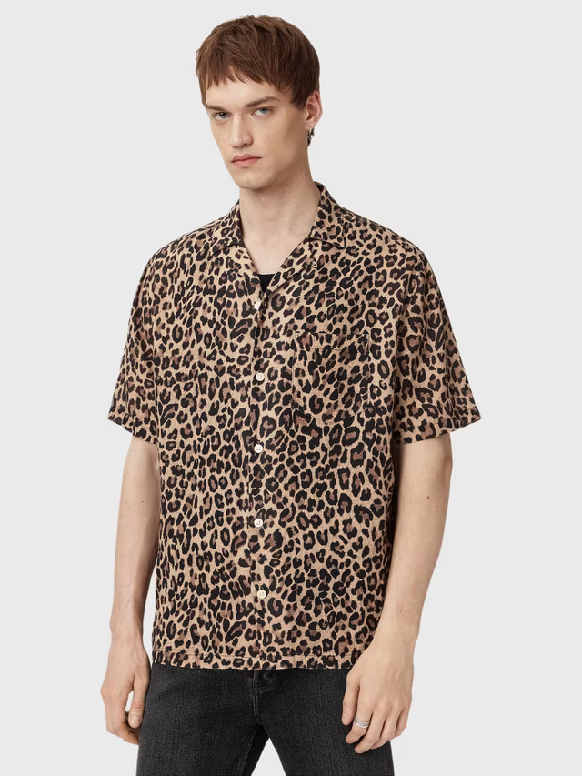 MALIK SAMPS # 3052 Leopard Print Short Sleeve Shirt, Brown Mid