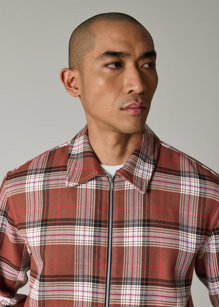 MALIK SAMPS Brown Double-Face Cotton Check Zip-Front Shit #3726