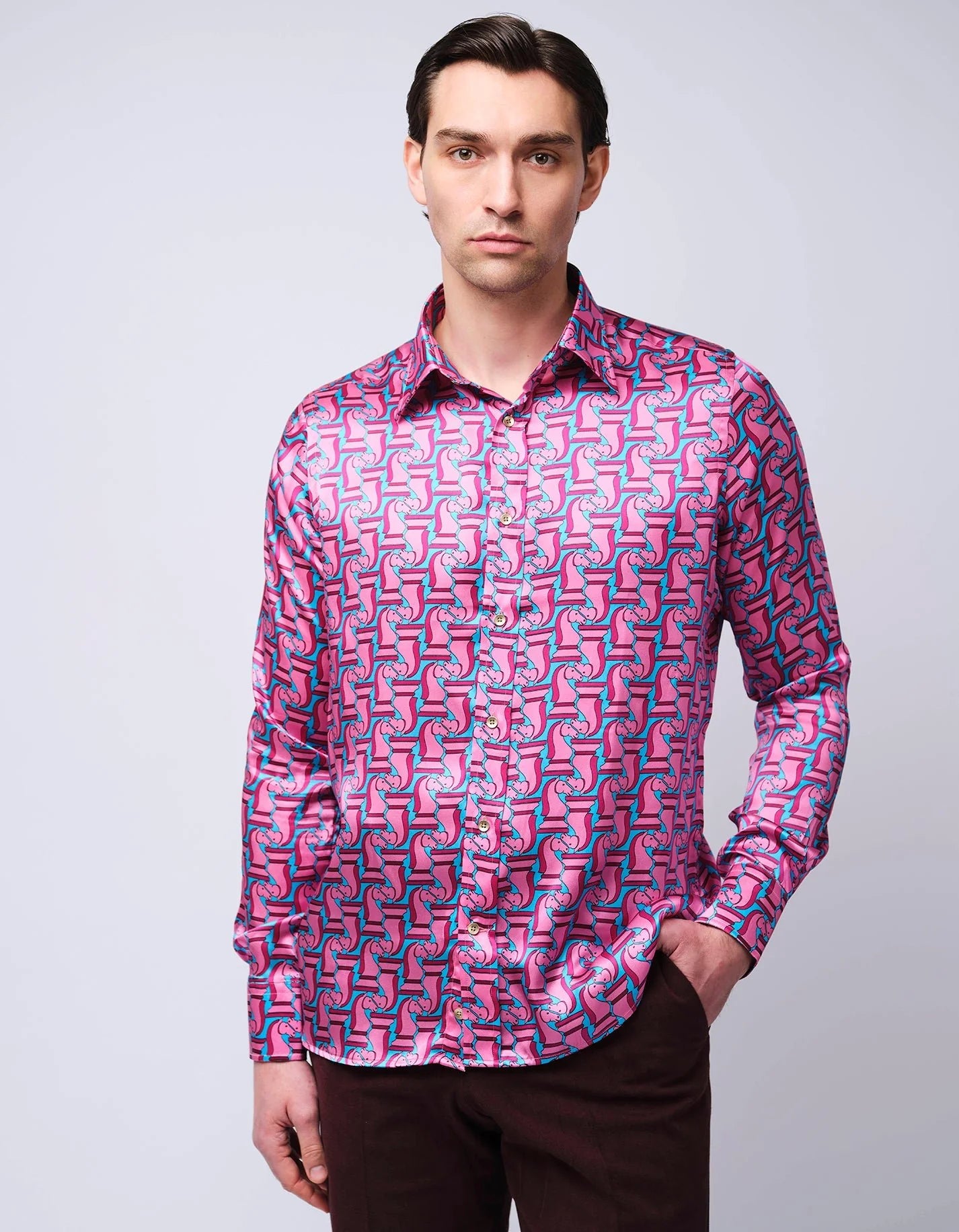 MALIK SAMP #3044  Pink & Blue Chess Piece Silk Shirt