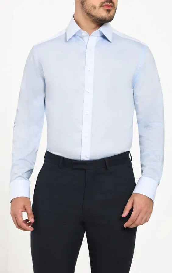 MALIK SAMPS Light Blue Herringbone Cotton Easy Care Shirt #3730